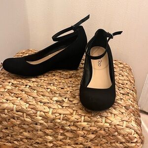 Me Too Black Ankle Strap Wedges